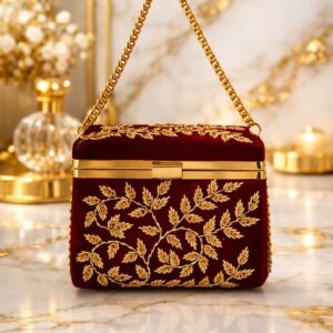 Shellkart Royal Ruby Velvet Embroidered Clutch – Luxury Wedding Party Handbag