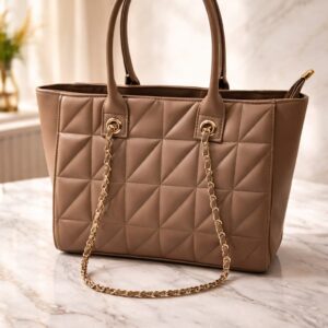Mocha Elegance Quilted Vegan Leather Tote Bag with Dual Top Handles, Gold Chain Detail & Spacious Interior