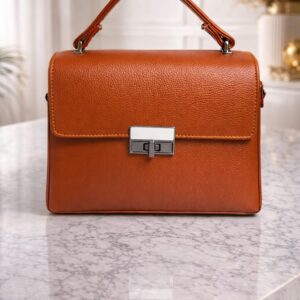 Terracotta Luxe Textured Vegan Leather Structured Top Handle Satchel Bag with Sleek Metal Lock Closure & Detachable Adjustable Shoulder Strap