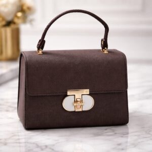 Cocoa Royale Luxury Textured Vegan Leather Structured Top Handle Satchel Bag with Gold Lock Closure & Detachable Shoulder Strap